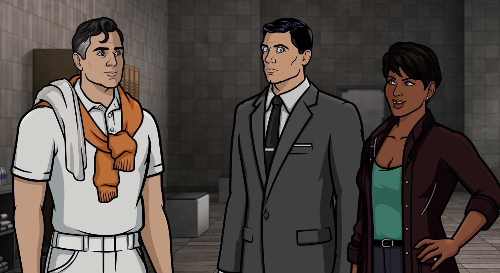 Kayvan Novak as Fabian Kingsworth, H. Jon Benjamin as Sterling Archer, and Natalie Dew as Zara Kahn in Archer (2009)
